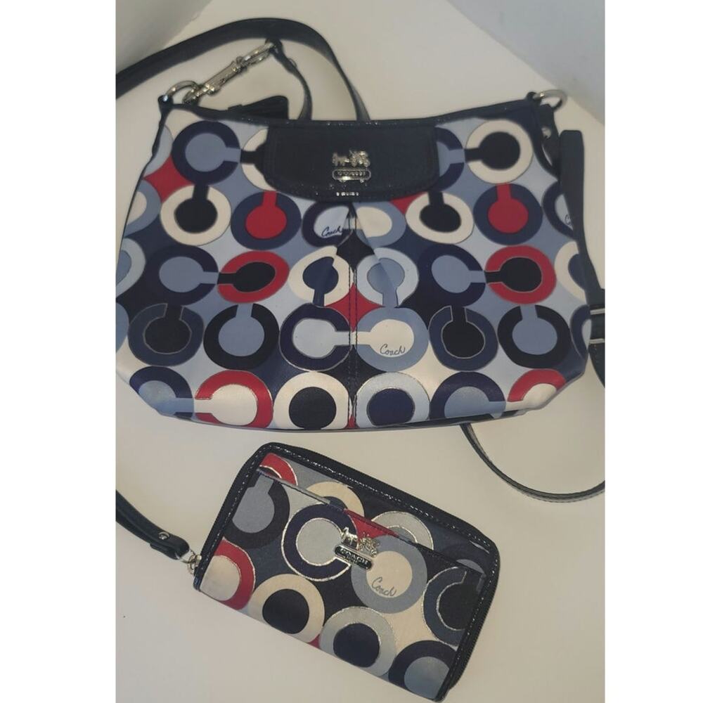 Coach Ashley Crossbody Bag & Matching Wallet Op Art Satin Multi-print Collection